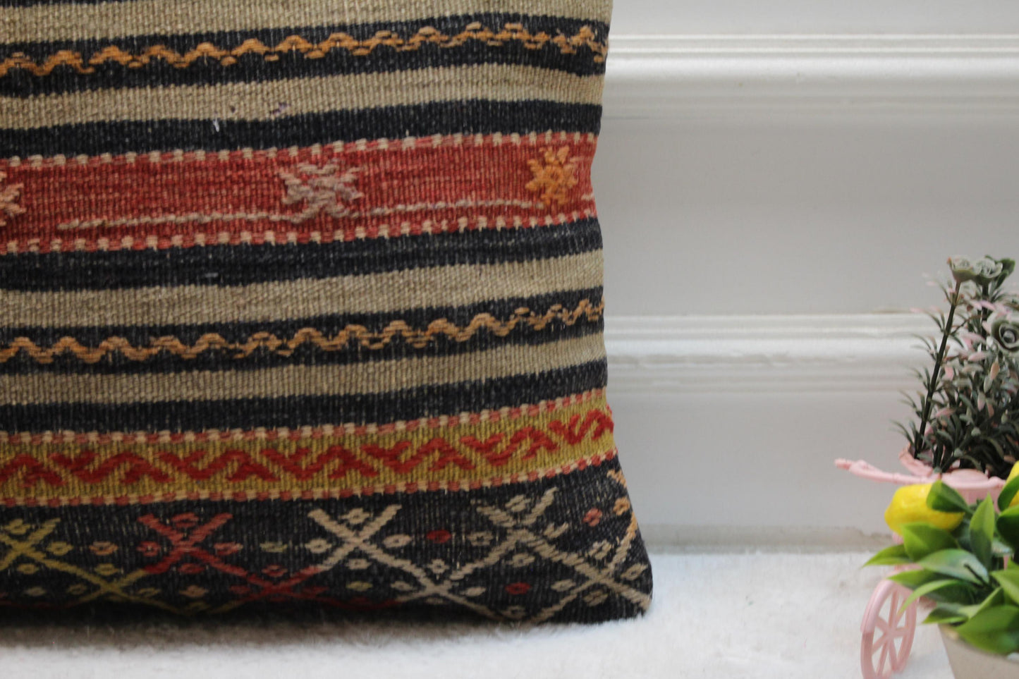 Handmade Kilim Pillow Cover: 16x16 Rainbow Striped Woven Rug