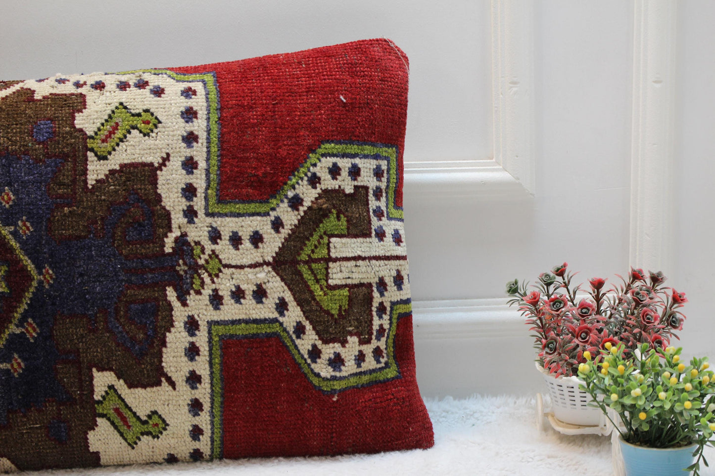 Handmade Vintage Turkish Kilim Pillow: Red Boho Lumbar Cushion (16x32)