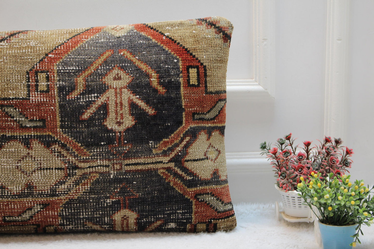 Vintage Turkish Rug Pillow Cover: Rainbow Woven Wool Lumbar Pillow (16x32 in)