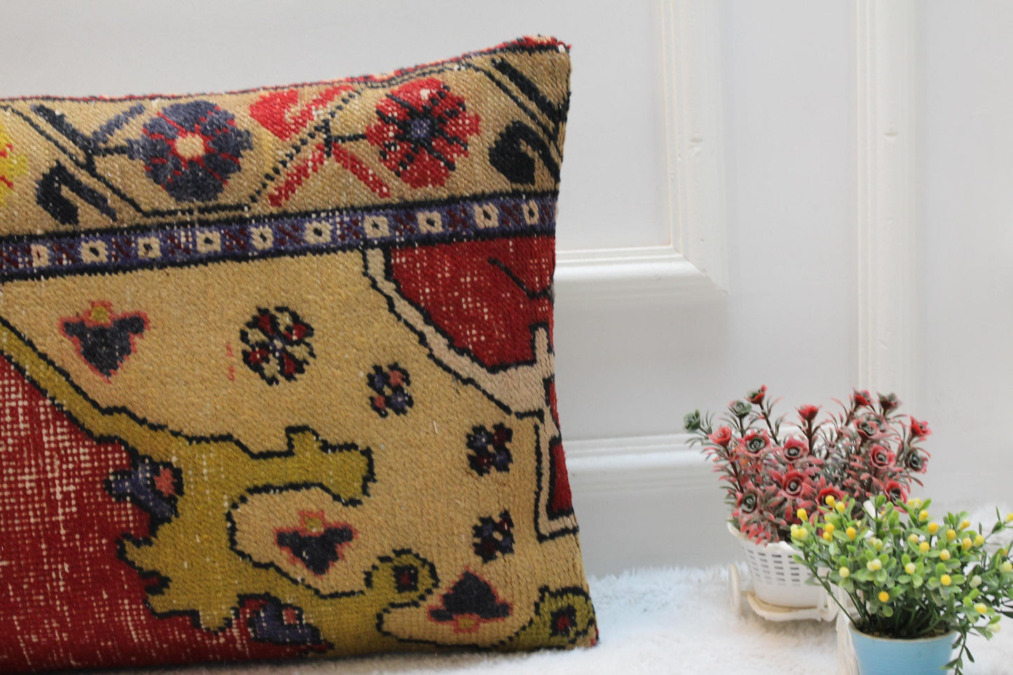 Handmade Red Turkish Rug Lumbar Pillow Cover: Boho Home Decor (16x32 in)