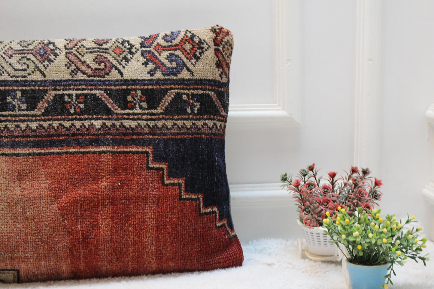 Handmade Kilim Lumbar Pillow Cover: Upcycled Woven Rug, Boho Decor (16x32 in)