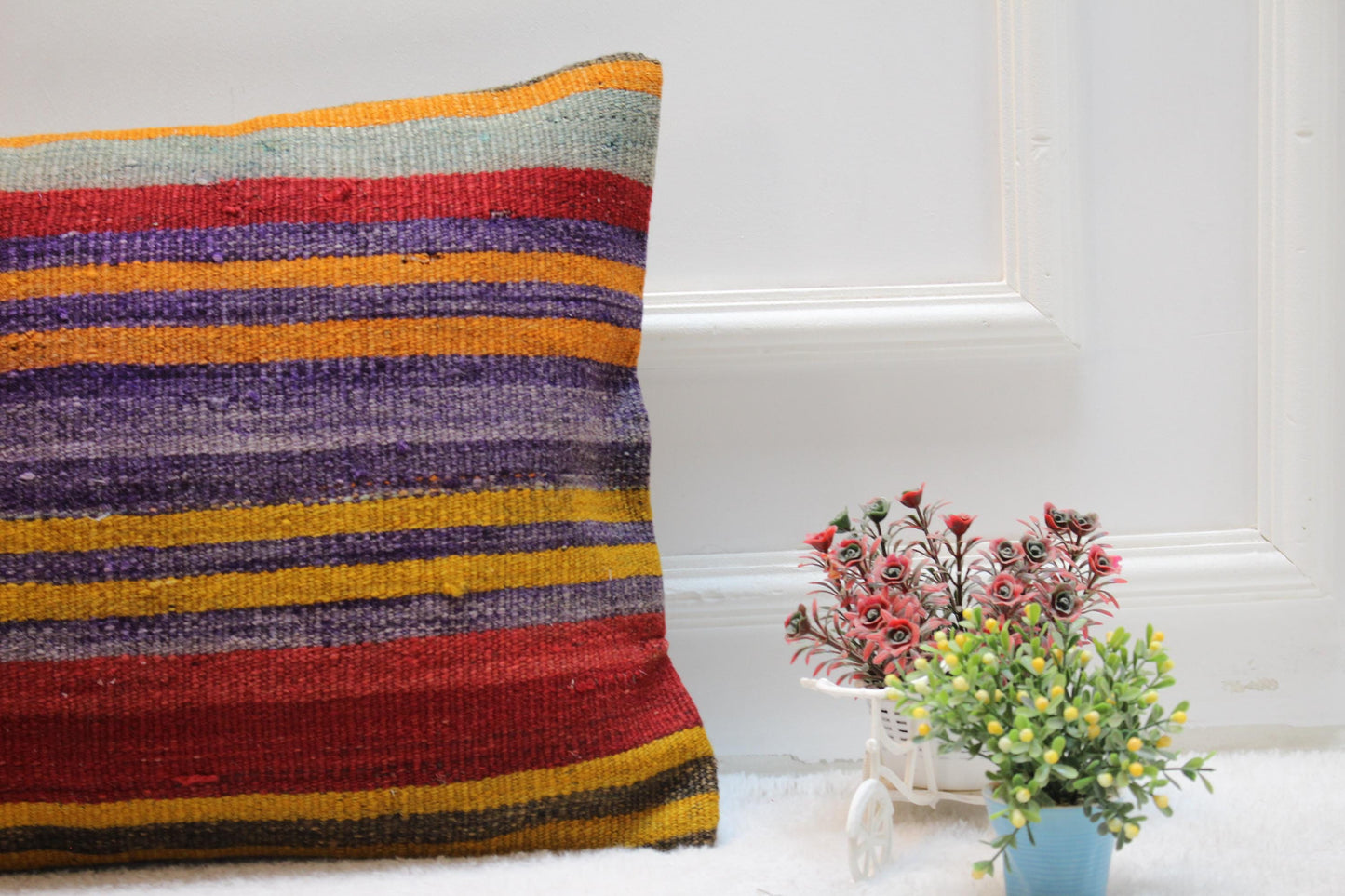 Handmade Rainbow Kilim Pillow Cover: Boho Lumbar Pillow (16x24 inc)