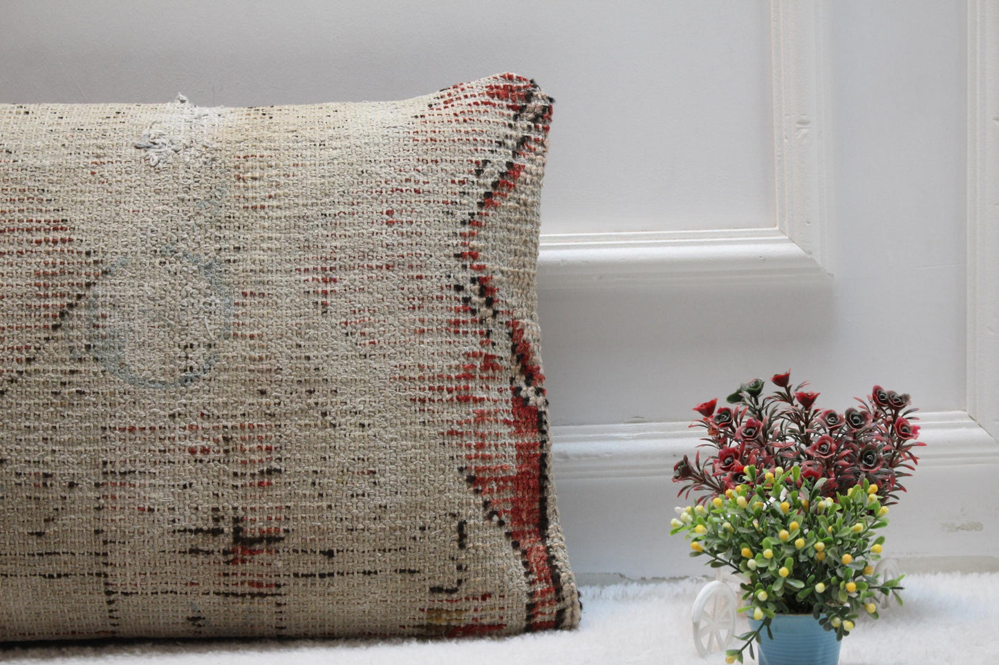 Vintage Turkish Kilim Lumbar Pillow Cover: Red Beige Woven Rug, 16x24 in