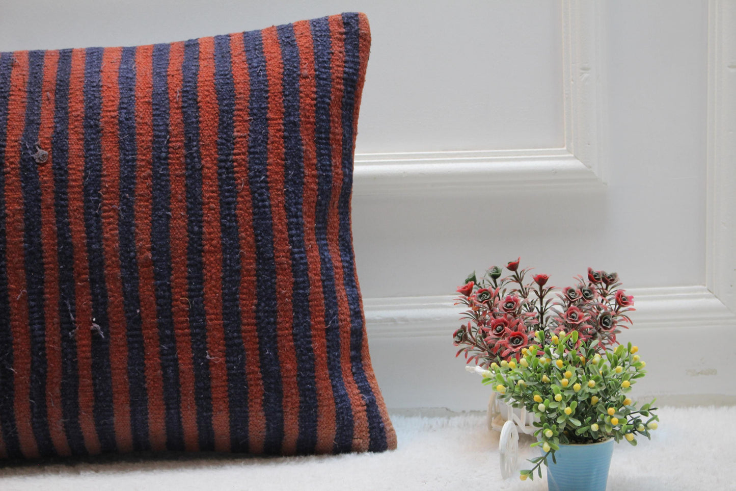 Striped Kilim Lumbar Pillow Cover: Vintage Woven Rug, 16x24 inch