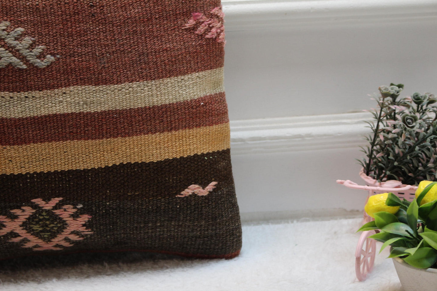 Striped Kilim Pillow Cover: Organic Wool, Handmade 16x16 inch