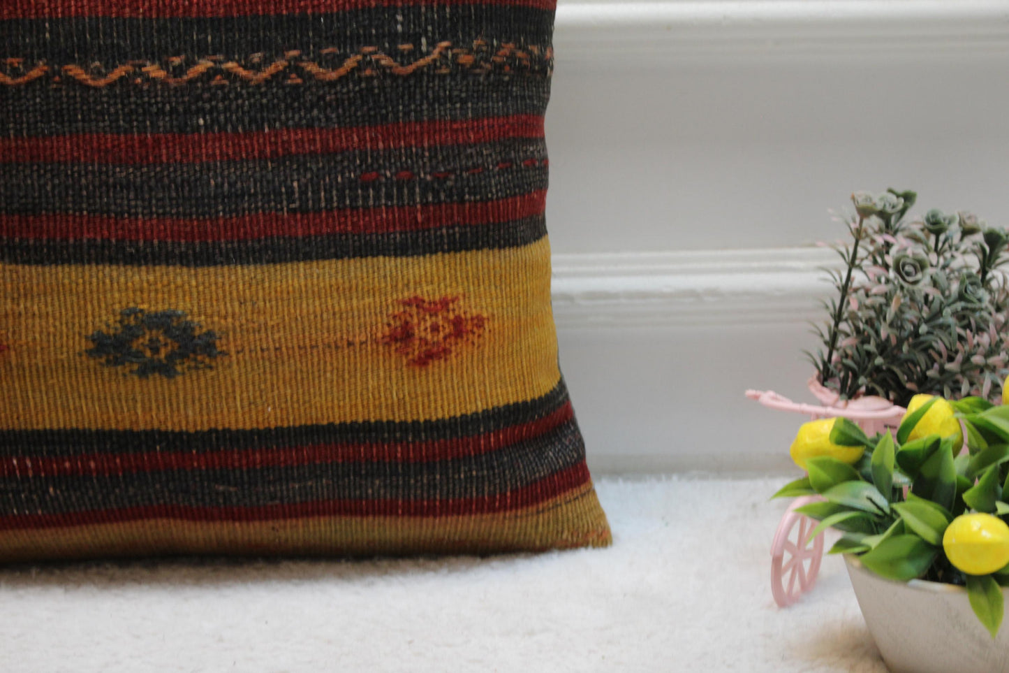 Striped Kilim Pillow Cover: 16x16 Square Turkish Rug, Vintage Wool