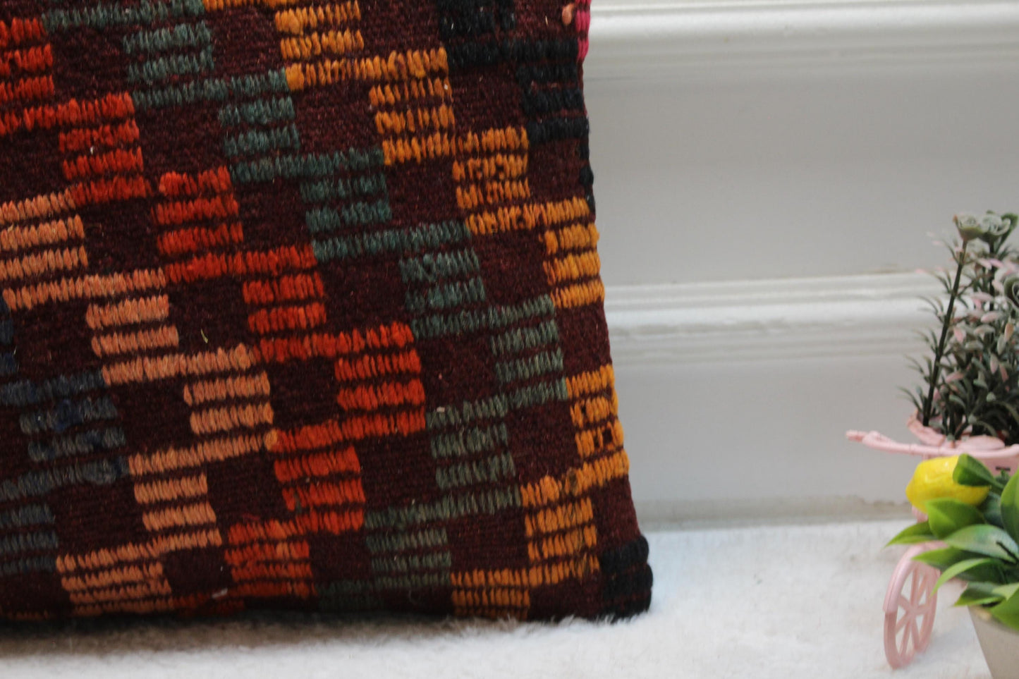Vintage Kilim Pillow Cover: Geometric Rainbow Woven Throw Pillow (16x16 in)