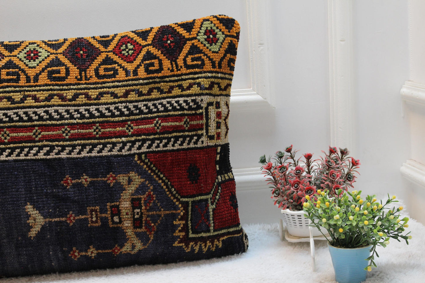 Handmade Turkish Rug Lumbar Pillow Cover: Vintage Rainbow Kilim, 16x32 in