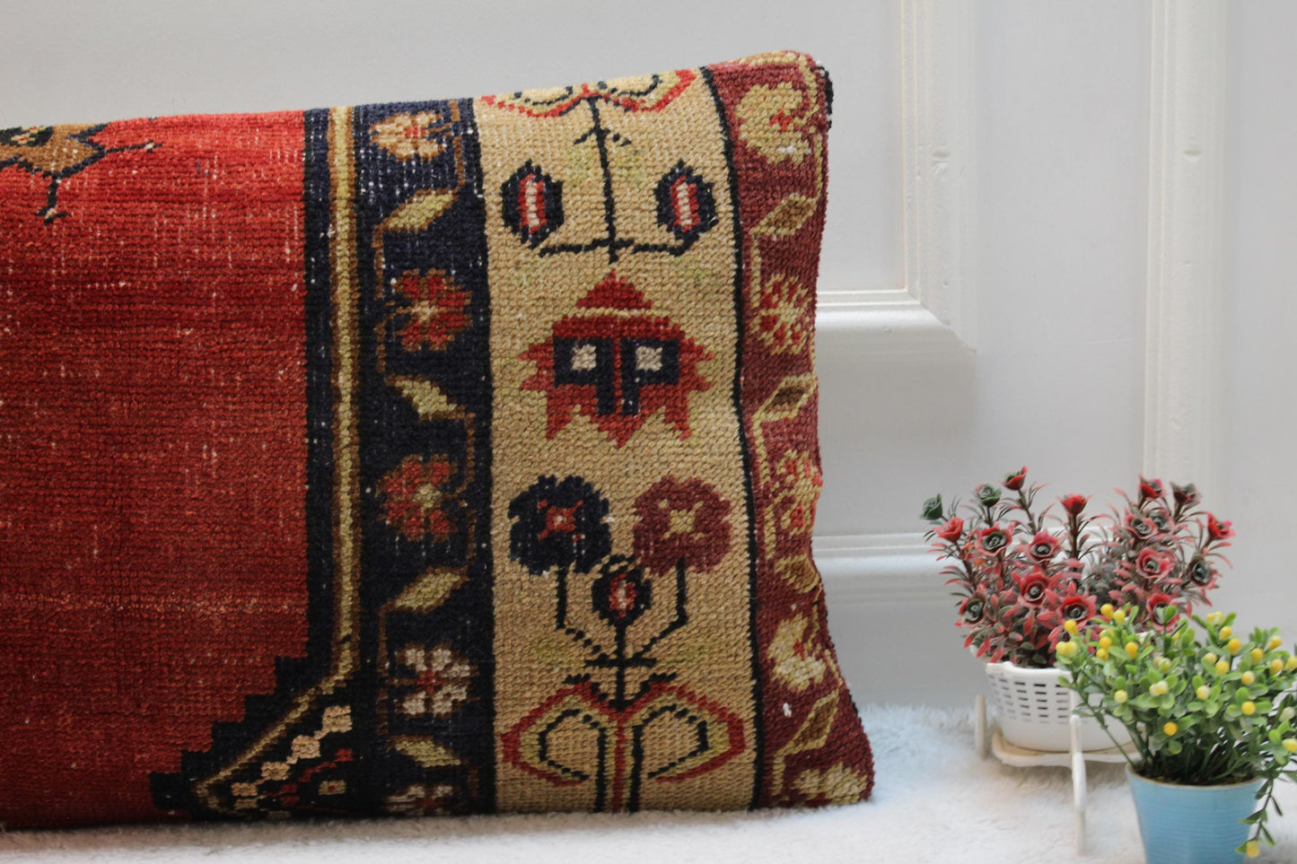 Handmade Turkish Kilim Lumbar Pillow Cover: Upcycled Woven Rug, 16x32 inch