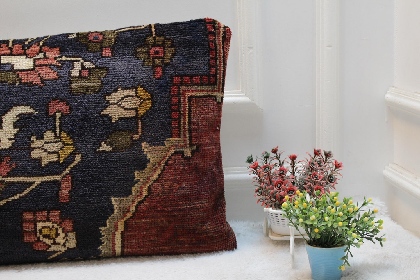 Floral Anatolian Rug Pillow Cover: Handmade Turkish Kilim, 16x16 inch
