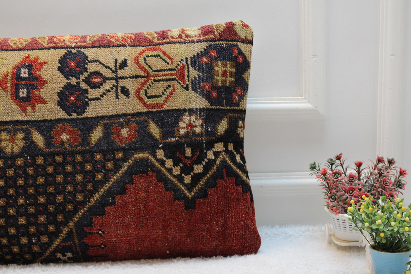 Handmade Turkish Kilim Pillow Cover: Upcycled Wool Lumbar Cushion (16x32 in)