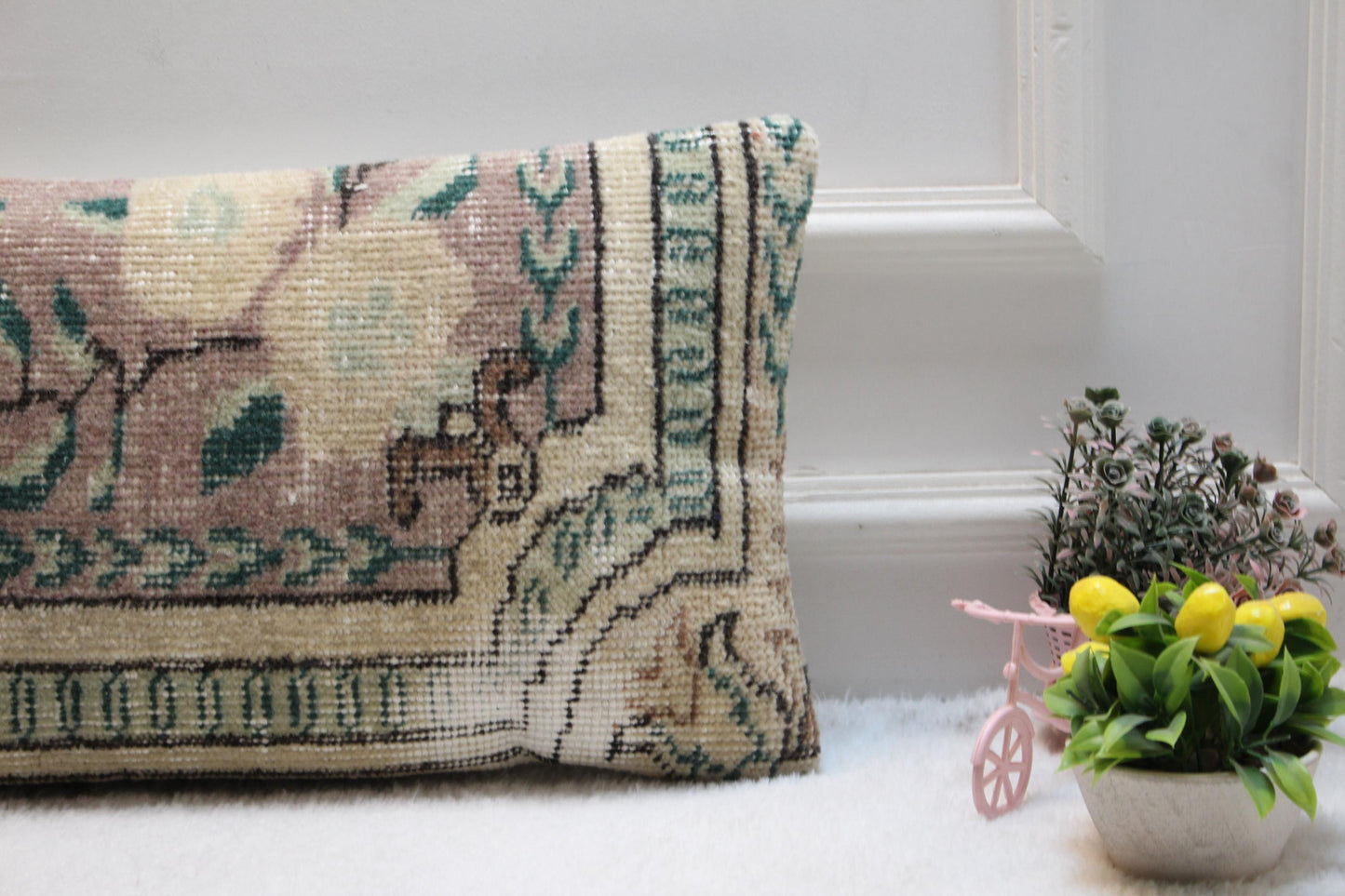 Turkish Kilim Lumbar Pillow: Vintage Floral Rug Cushion (12x24 inch)
