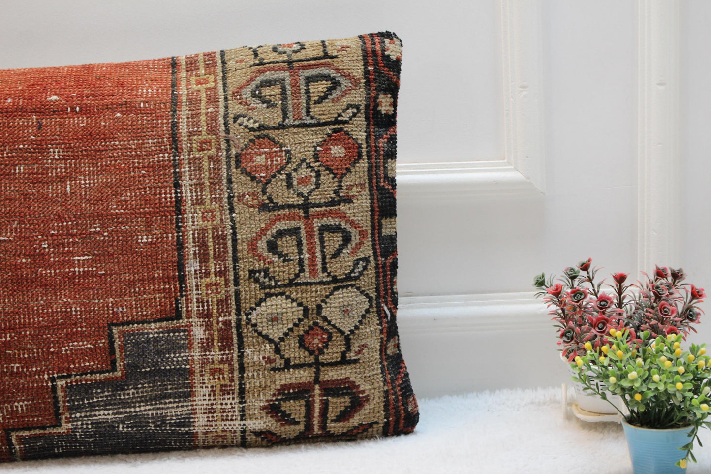 Handmade Wool Turkish Rug Lumbar Pillow Cover: Upcycled Kilim, 16x32 inch