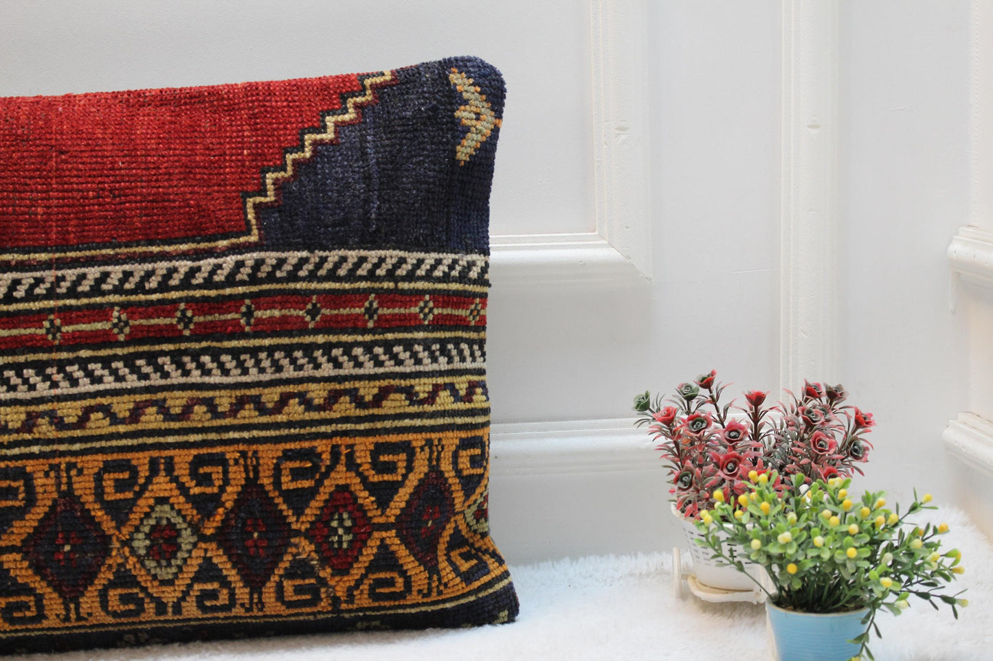 Vintage Turkish Rug Lumbar Pillow Cover: Rainbow Woven Wool, 16x32 inch