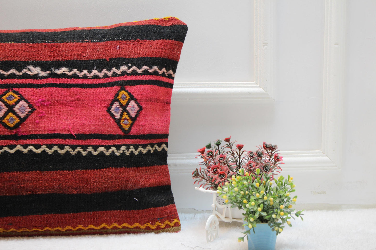 Red & Black Kilim Pillow Cover (16x24 in): Handmade Boho Throw Pillow