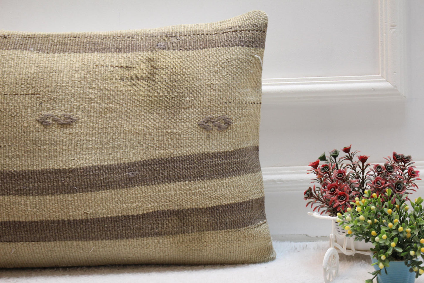 Handmade Kilim Lumbar Pillow Cover: Boho Beige Brown Woven Rug, 16x24 inch