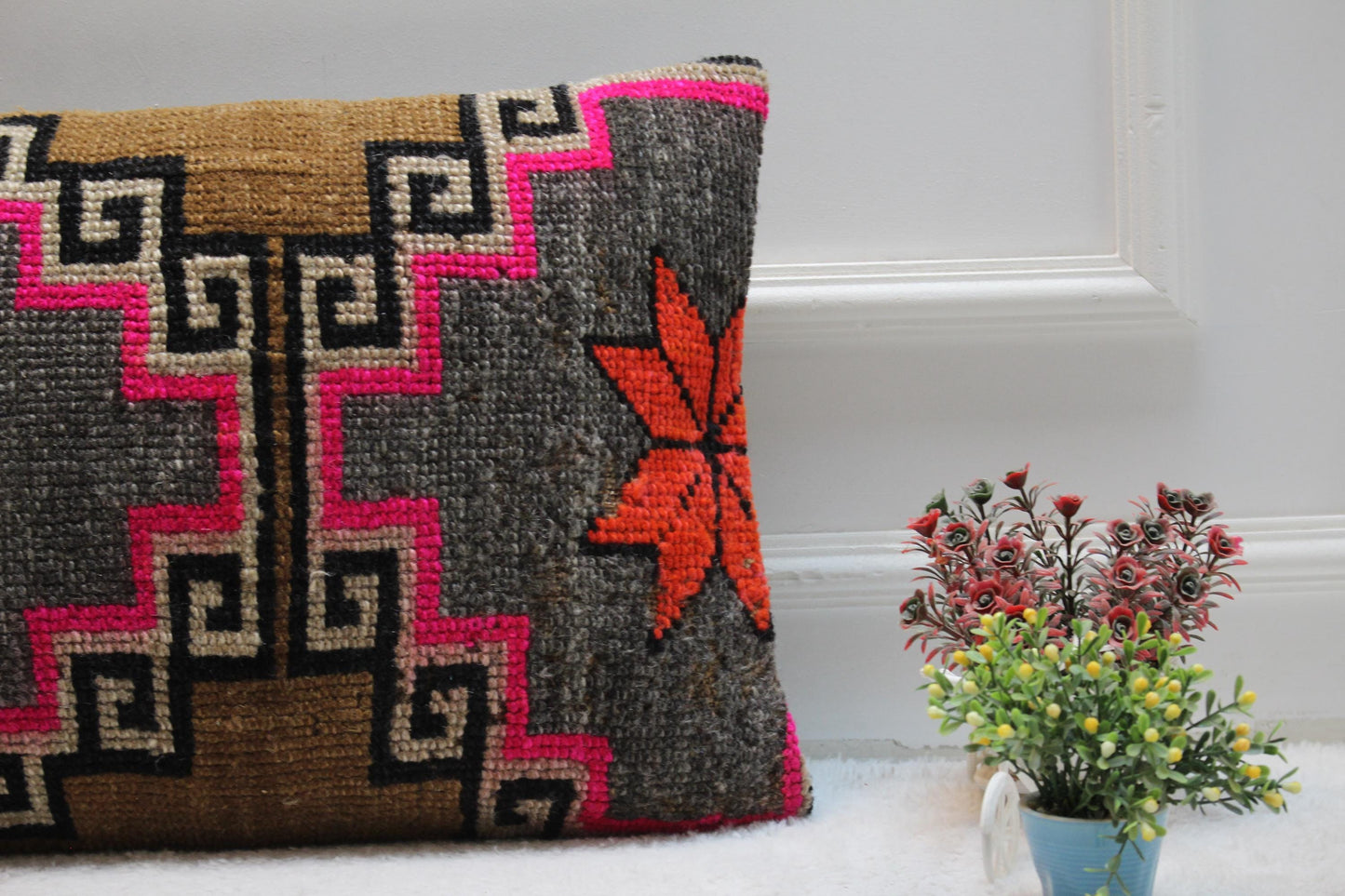 Handmade Kilim Pillow Cover: Gray Brown Woven Rug, 16x24 inch