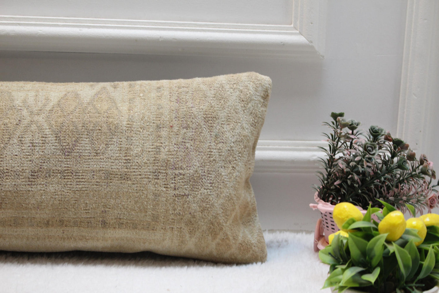 Handmade Beige Kilim Lumbar Pillow Cover – Turkish Tribal Print 8x36”