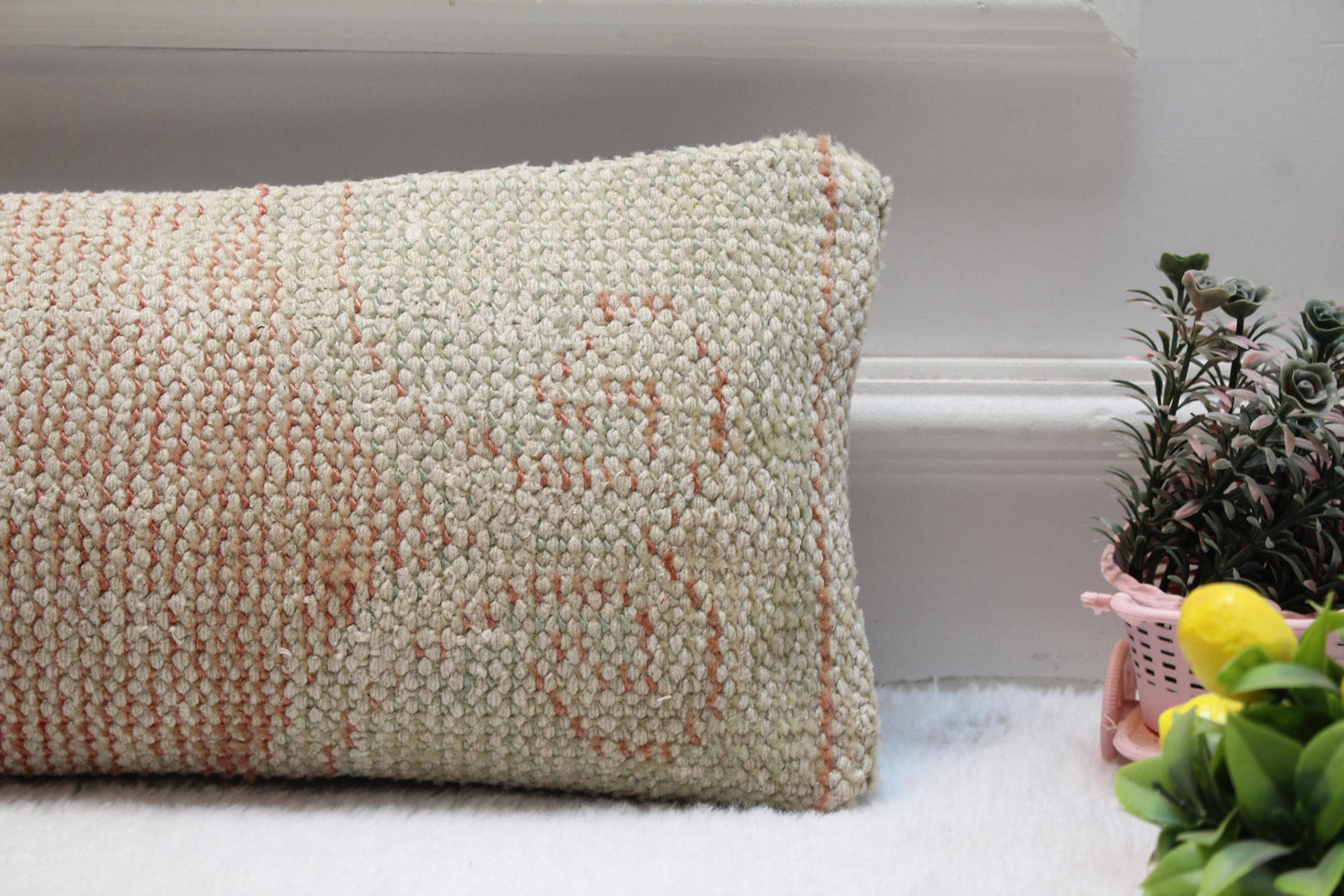 Handwoven Turkish Kilim Lumbar Pillow – Pale Pink & Cream, 8x36”