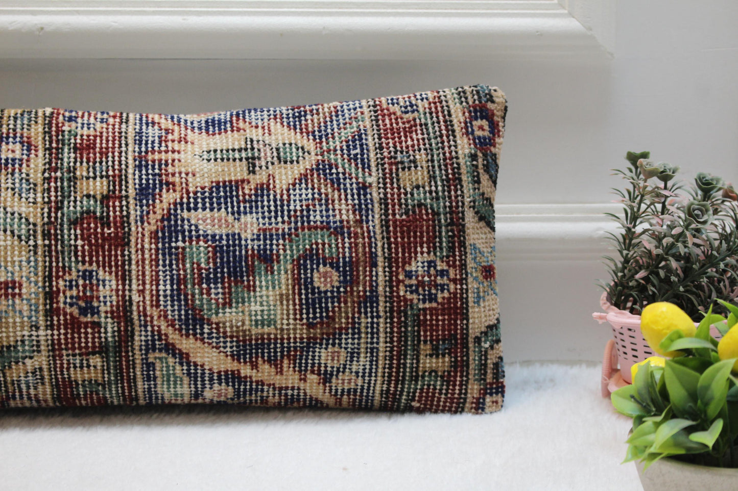 Handwoven Turkish Kilim Lumbar Pillow – 8x36" Vintage Oriental Cushion