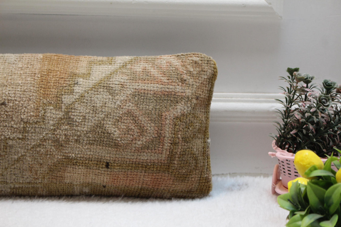 Vintage Turkish Kilim Lumbar Pillow – Earthy Boho Cushion, 8x36