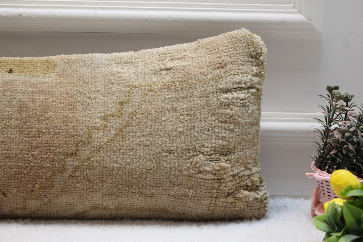 Handmade Lumbar Kilim Pillow Cover: Beige Vintage Turkish Rug, 8x36 inc