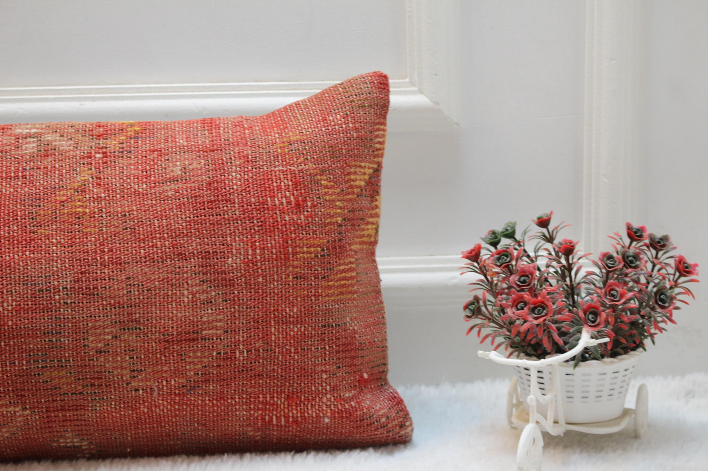 Handmade Red Turkish Kilim Lumbar Pillow: Vintage Wool Cushion (12x36)