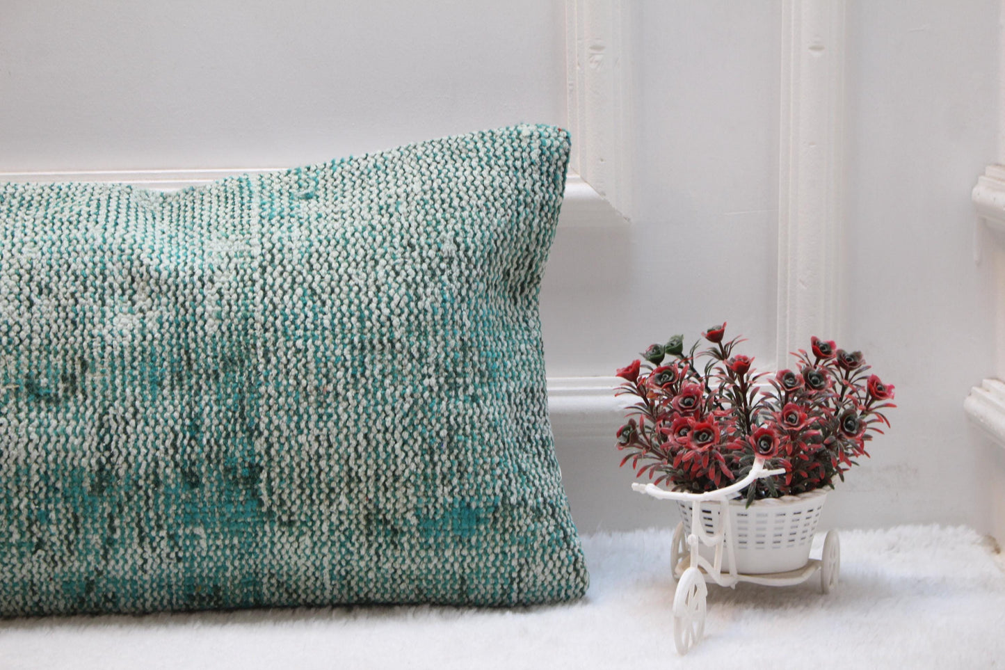 Vintage Turkish Rug Lumbar Pillow: Faded Mint Cream Print, 12x36