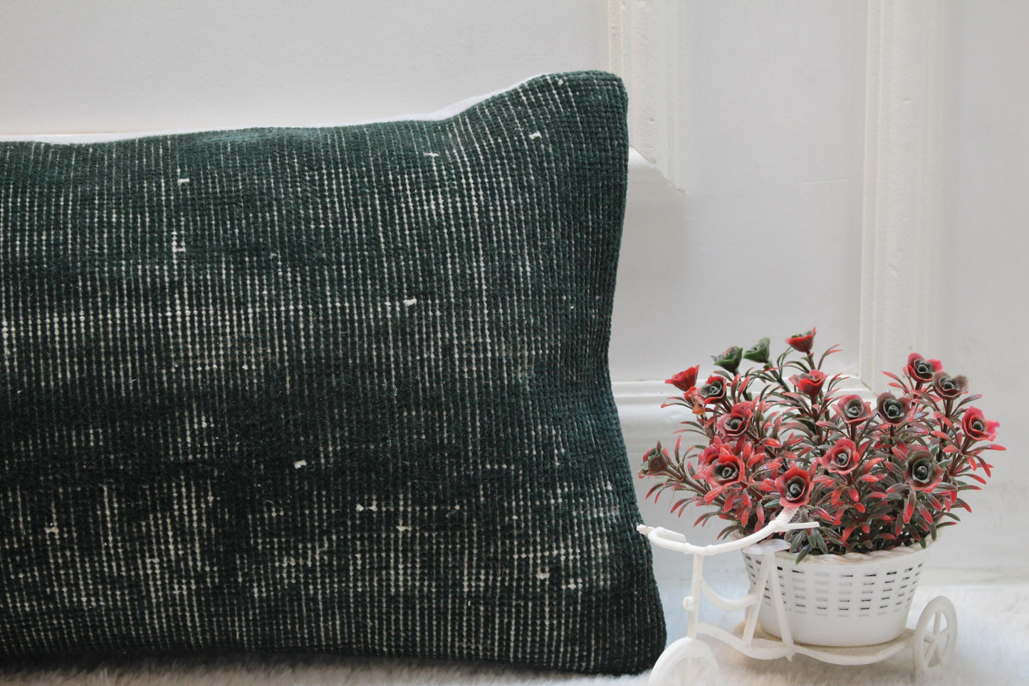 Vintage Turkish Rug Lumbar Pillow Cover: Dark Green Boho Accent (12x36)