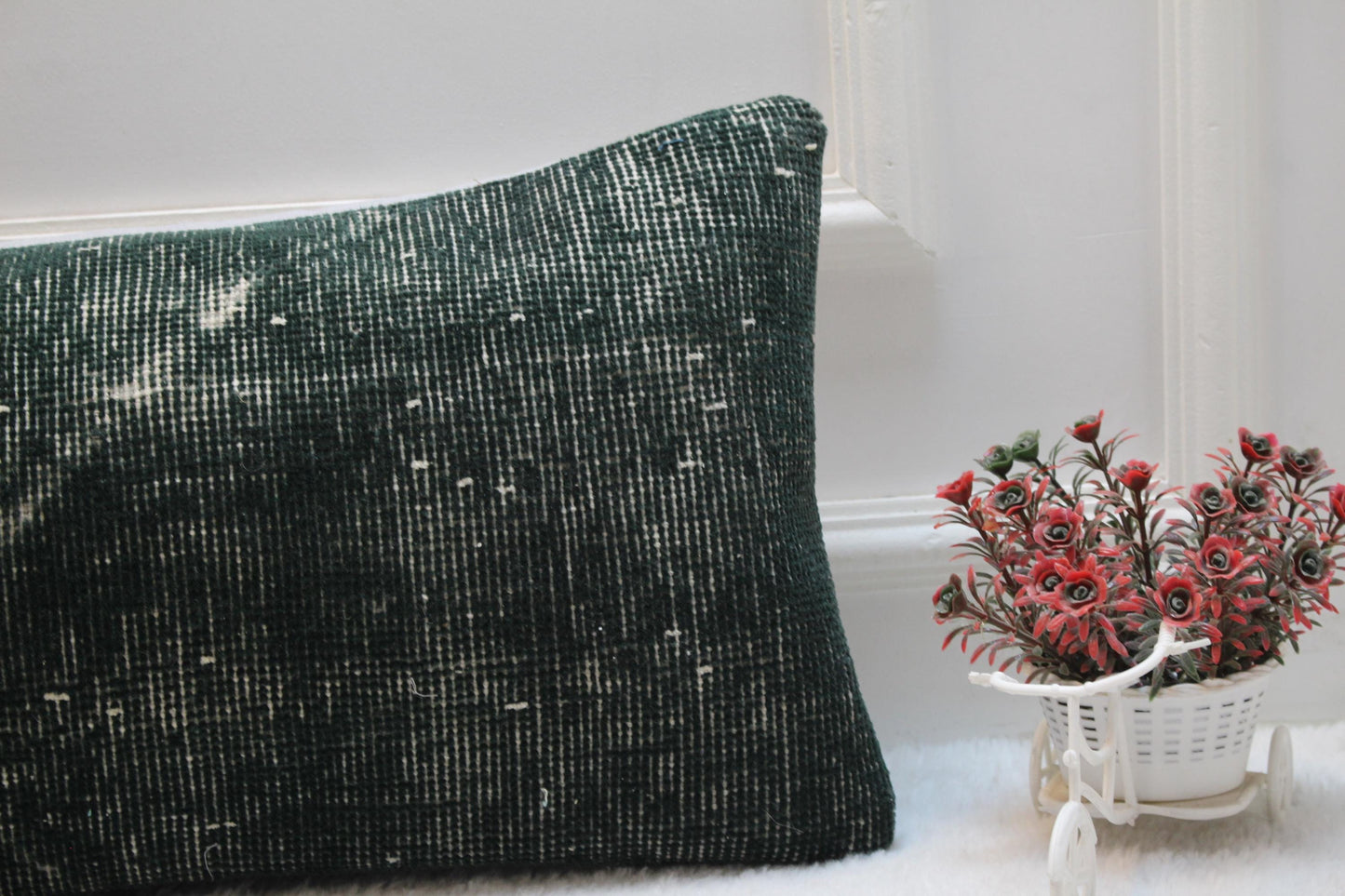 Vintage Kilim Lumbar Pillow Cover 12x36 – Forest Green Turkish Wool Cushion