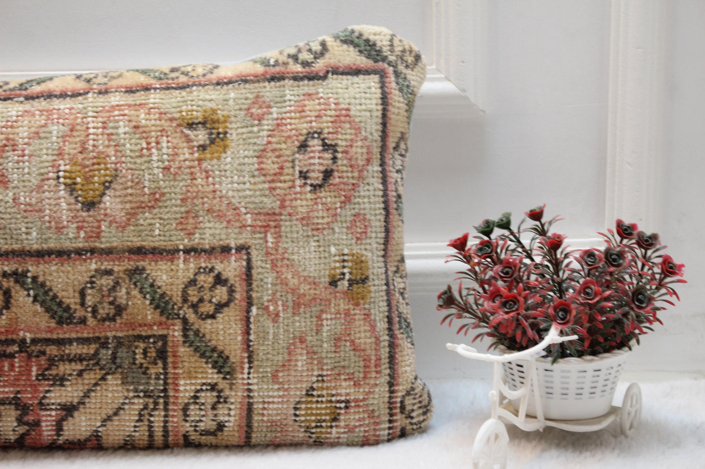 Pastel Vintage Kilim Pillow 12x24” – Antique Turkish Rug Cushion in Soft Pinks & Beige Floral