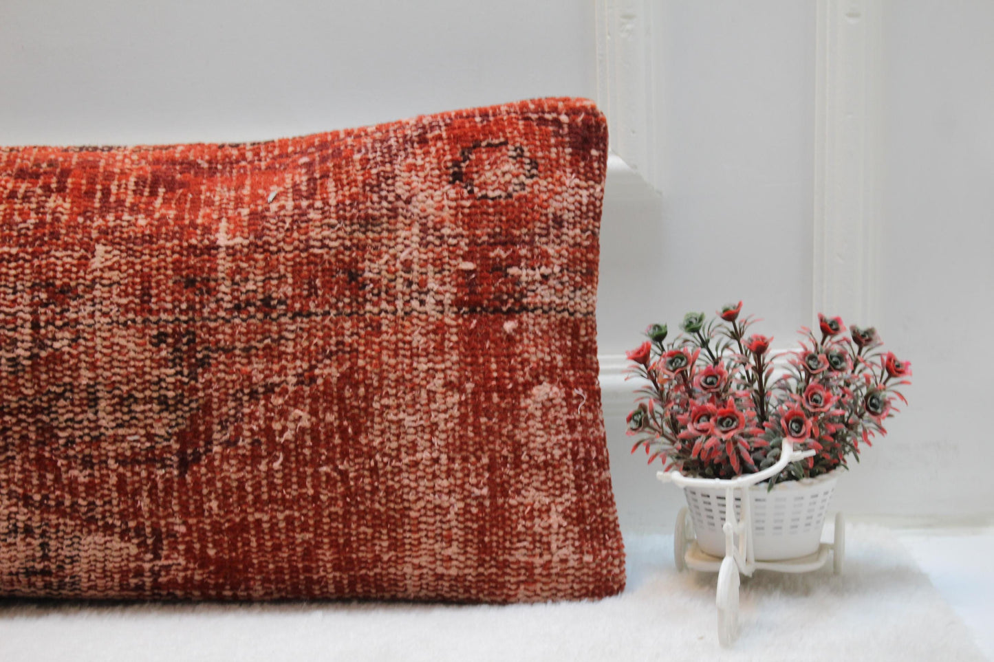 Rust Kilim Lumbar Pillow Cover 12x36 – Handwoven Turkish Wool, Bohemian Decor