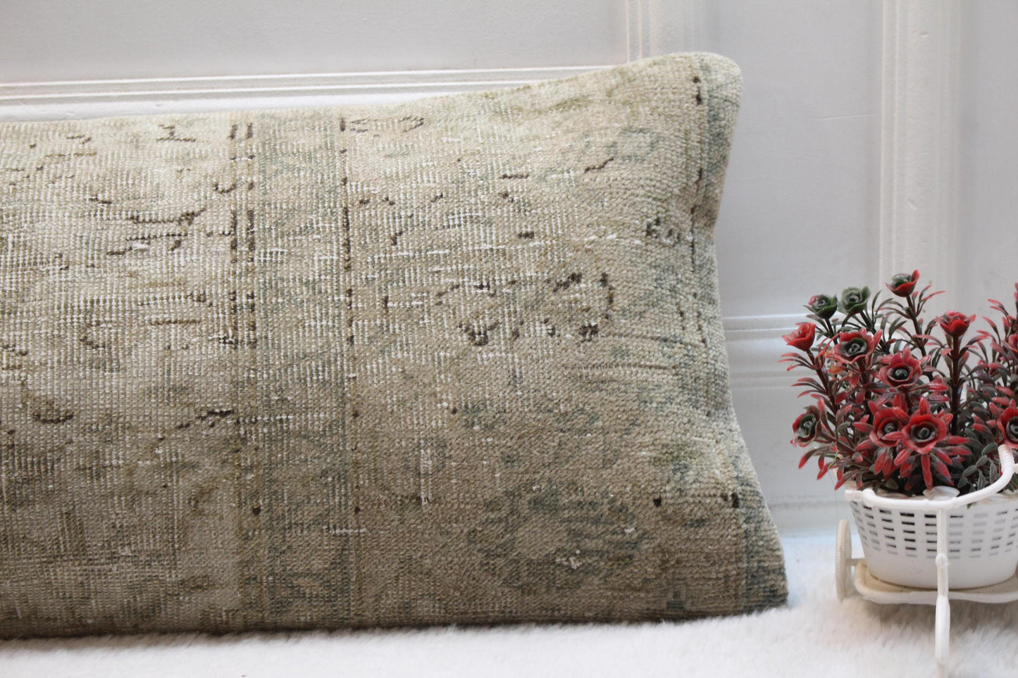 Vintage Turkish Rug Lumbar Pillow Cover: Beige Floral Bolster (12x36)