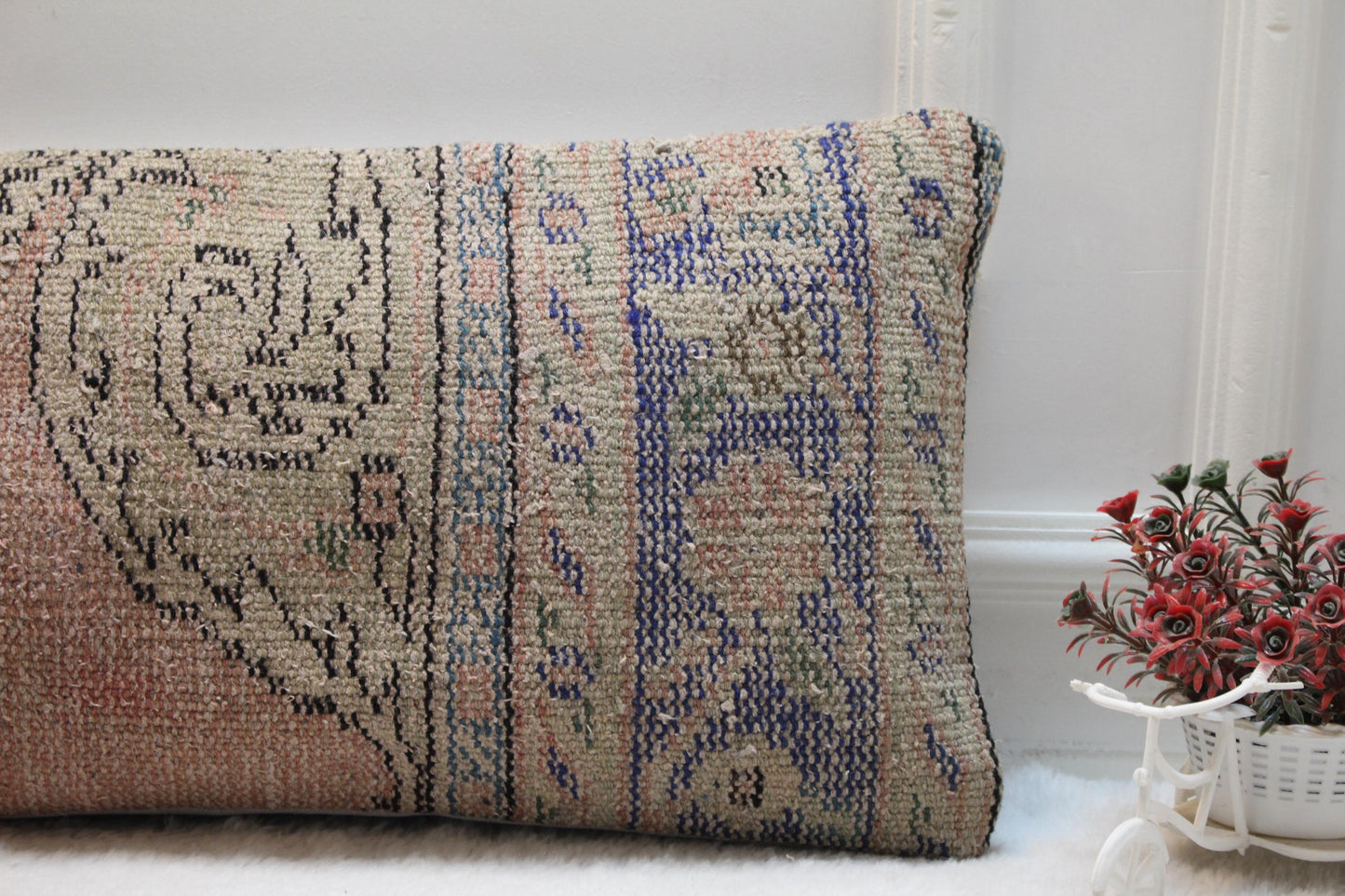 Vintage Turkish Rug Lumbar Pillow 12x36: Terracotta Beige Boho Cushion
