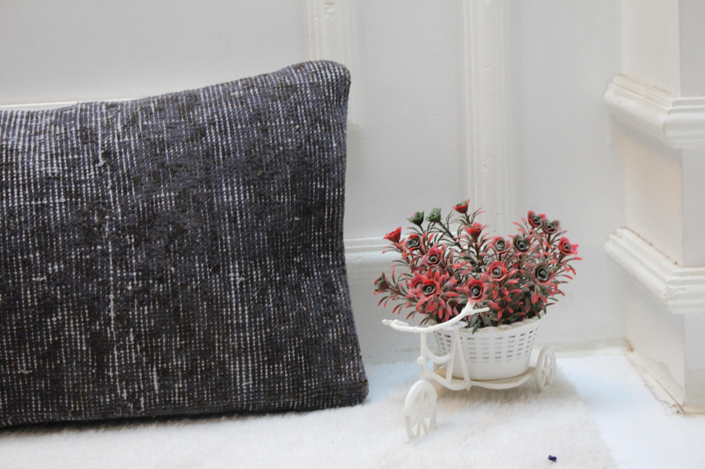 Handmade Gray Kilim Lumbar Pillow Cover: Upcycled Woven Rug (12x36 in)