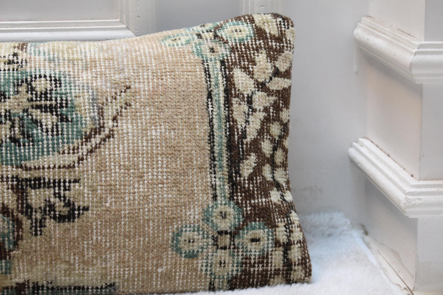Turkish Rug Lumbar Pillow | Beige Floral Kilim, 30x120 in
