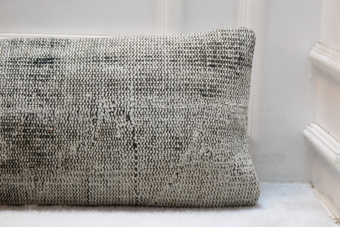 Light Gray Turkish Kilim Pillow | Long Lumbar Cushion, Vintage Rug