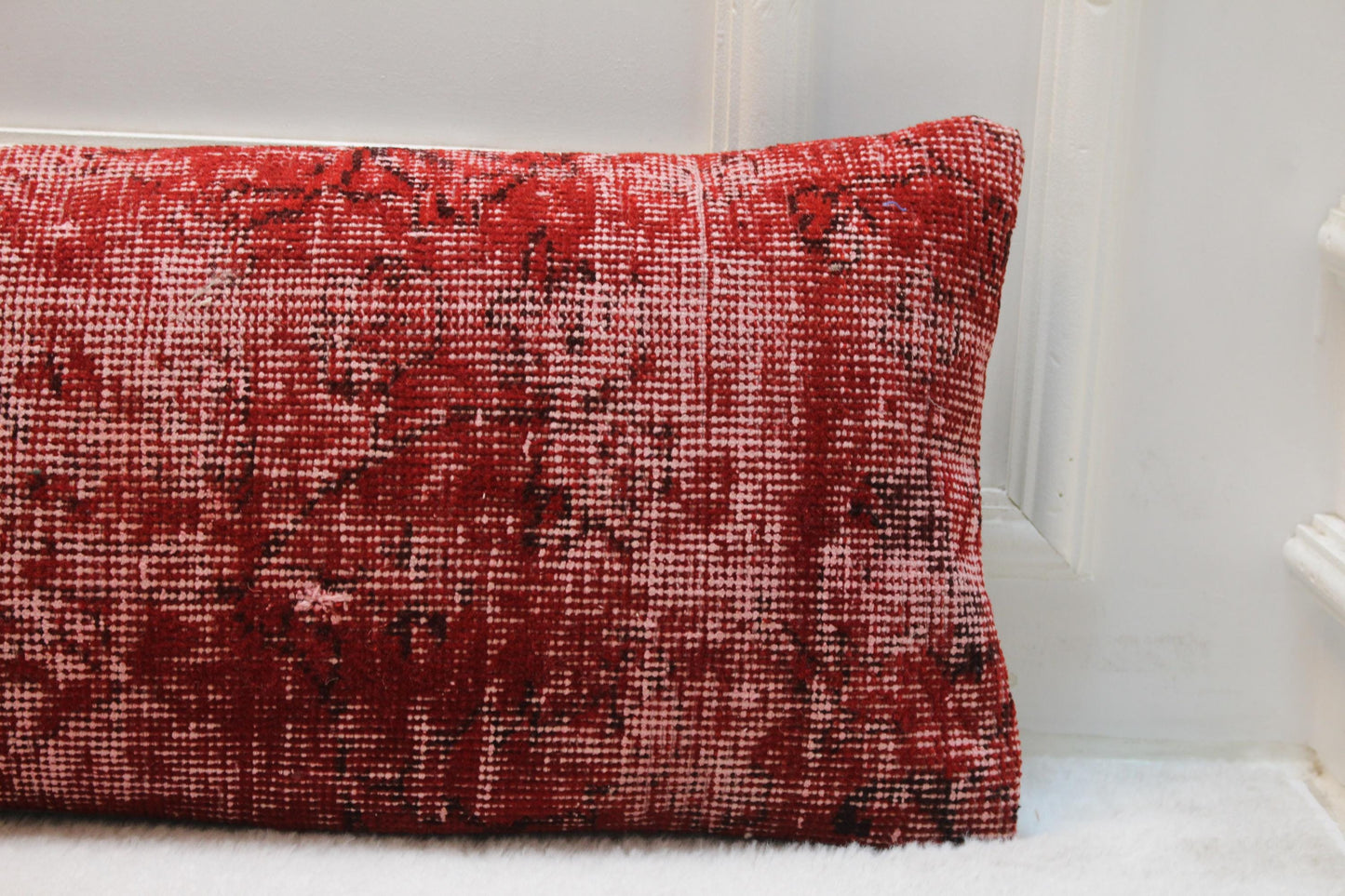 Red Turkish Kilim Pillow – 30x120" Vintage Lumbar Cushion, Draft Stopper