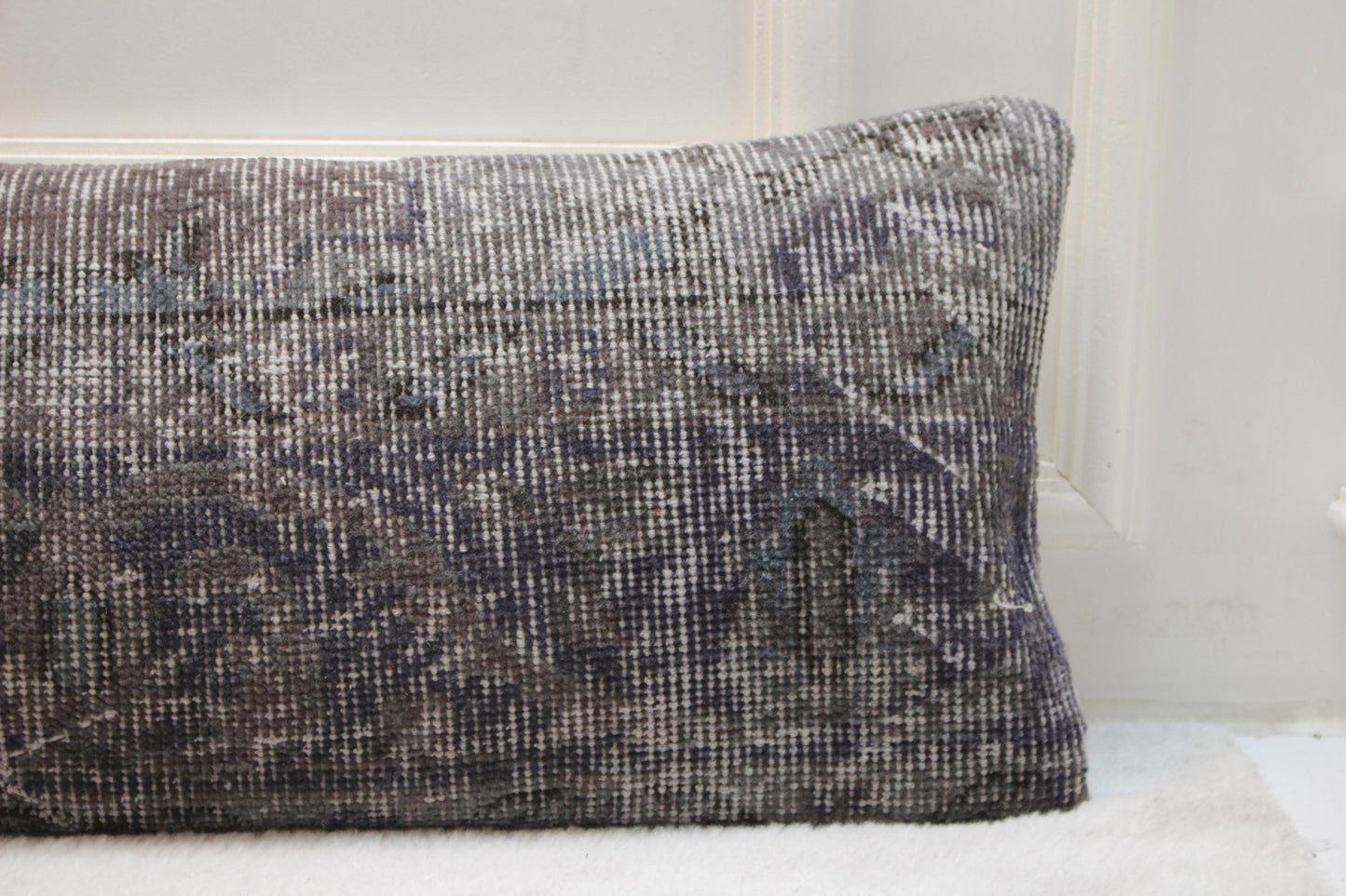 Vintage Turkish Kilim Lumbar Pillow Cover, 12x48 inch, Deep Gray Rug Cushion