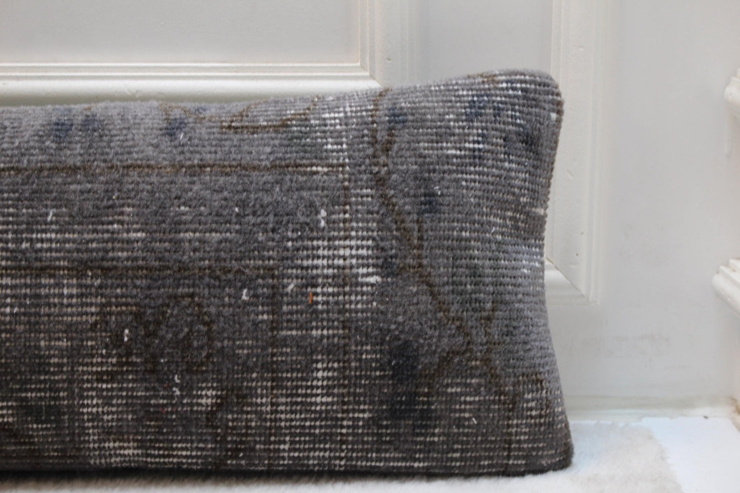 Handwoven Wool Kilim Pillow – Charcoal Turkish Lumbar Cushion, Boho Decor