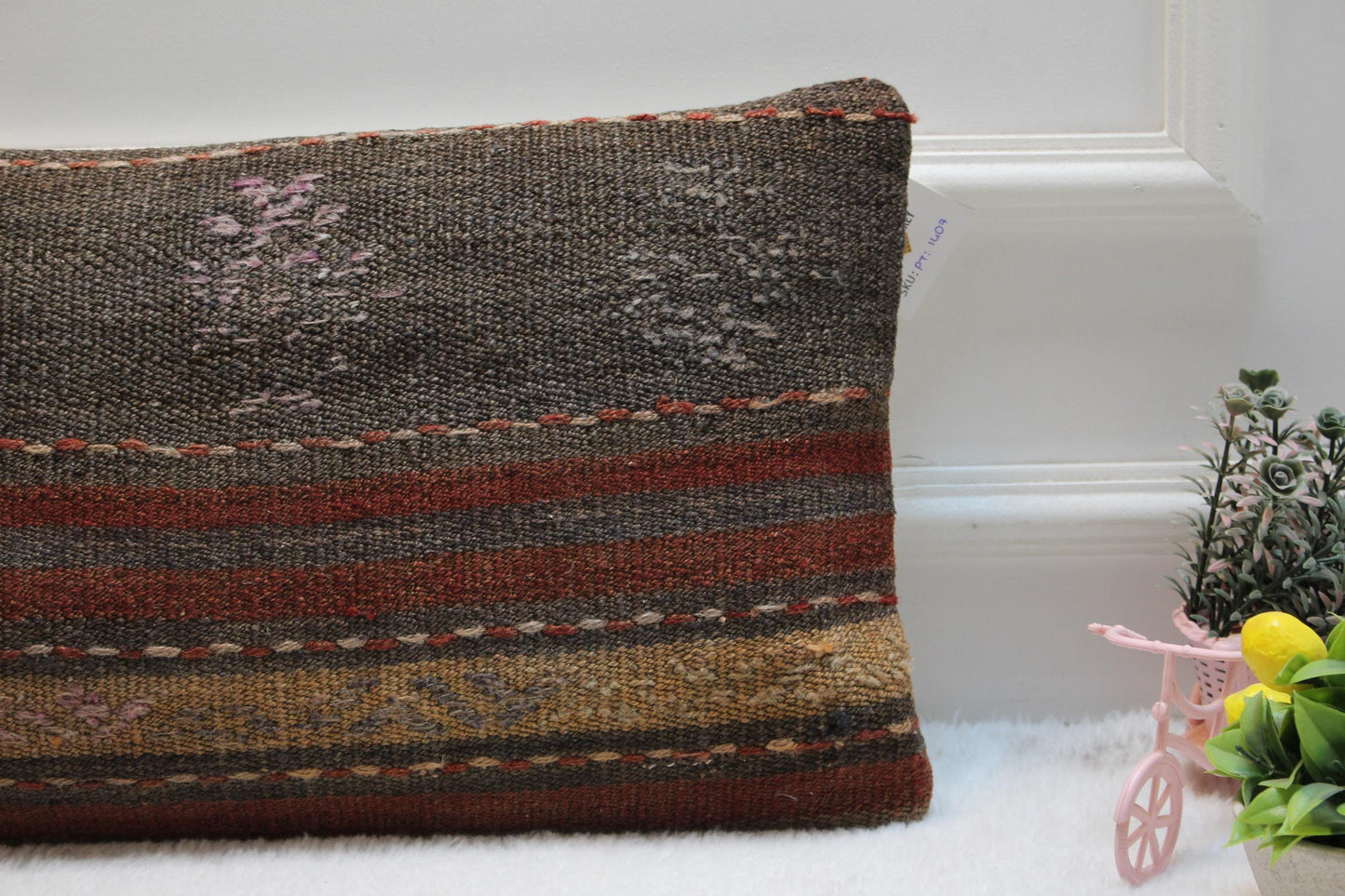 Handmade Kilim Lumbar Pillow Cover: Bohemian Woven Wool, 12x24 inch