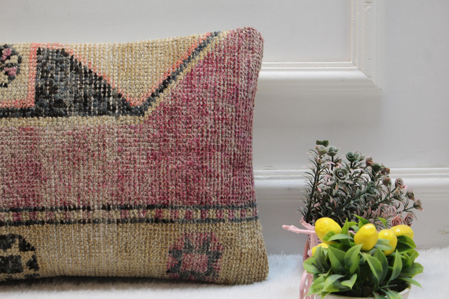 Vintage Turkish Rug Lumbar Pillow: Boho Kilim Cushion (12x24)