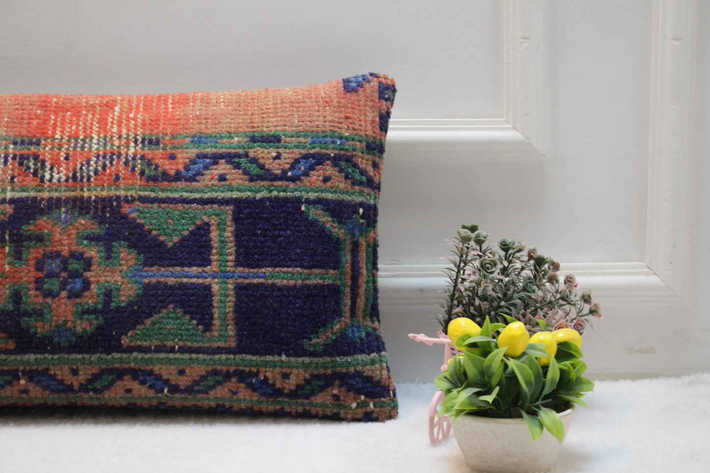 Handmade Kilim Lumbar Pillow Cover: Orange Vintage Rug Pillow (12x24 in)