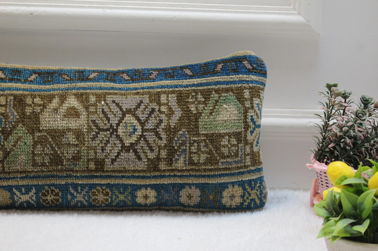 Rustic Kilim Lumbar Pillow – 8x36” Turkish Woven Cushion, Tribal Floral
