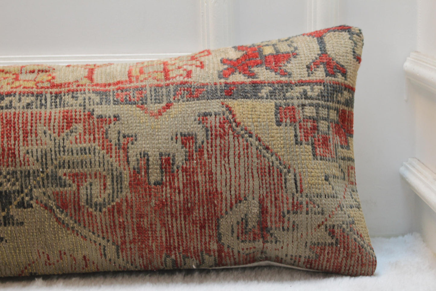 Red Lumbar Pillow Cover: Handmade Turkish Kilim Rug, 12x48 inch