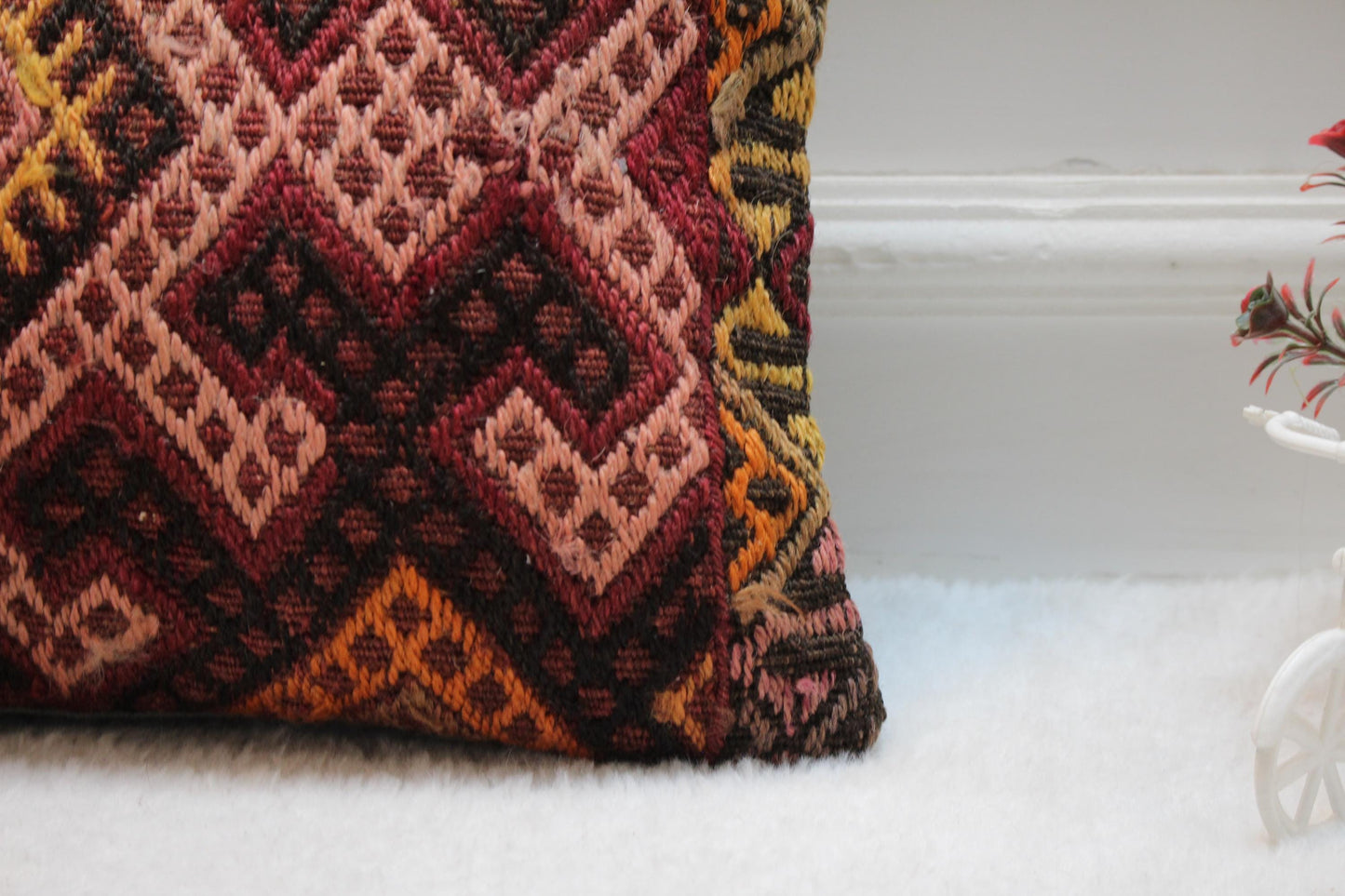 Geometric Kilim Pillow Cover: Handmade Organic Wool, Rainbow (12x20 in)