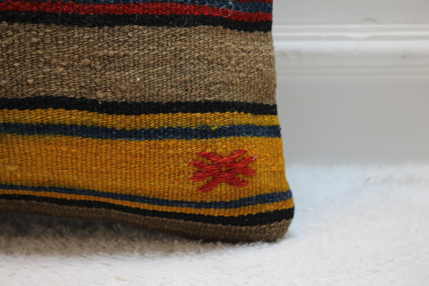 Handmade Striped Kilim Pillow Cover: Organic Wool Throw Pillow, 16x16 inch