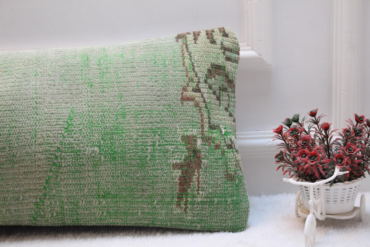 Green Turkish Rug Lumbar Pillow: Vintage Handwoven Kilim Cushion (12x36 inch)