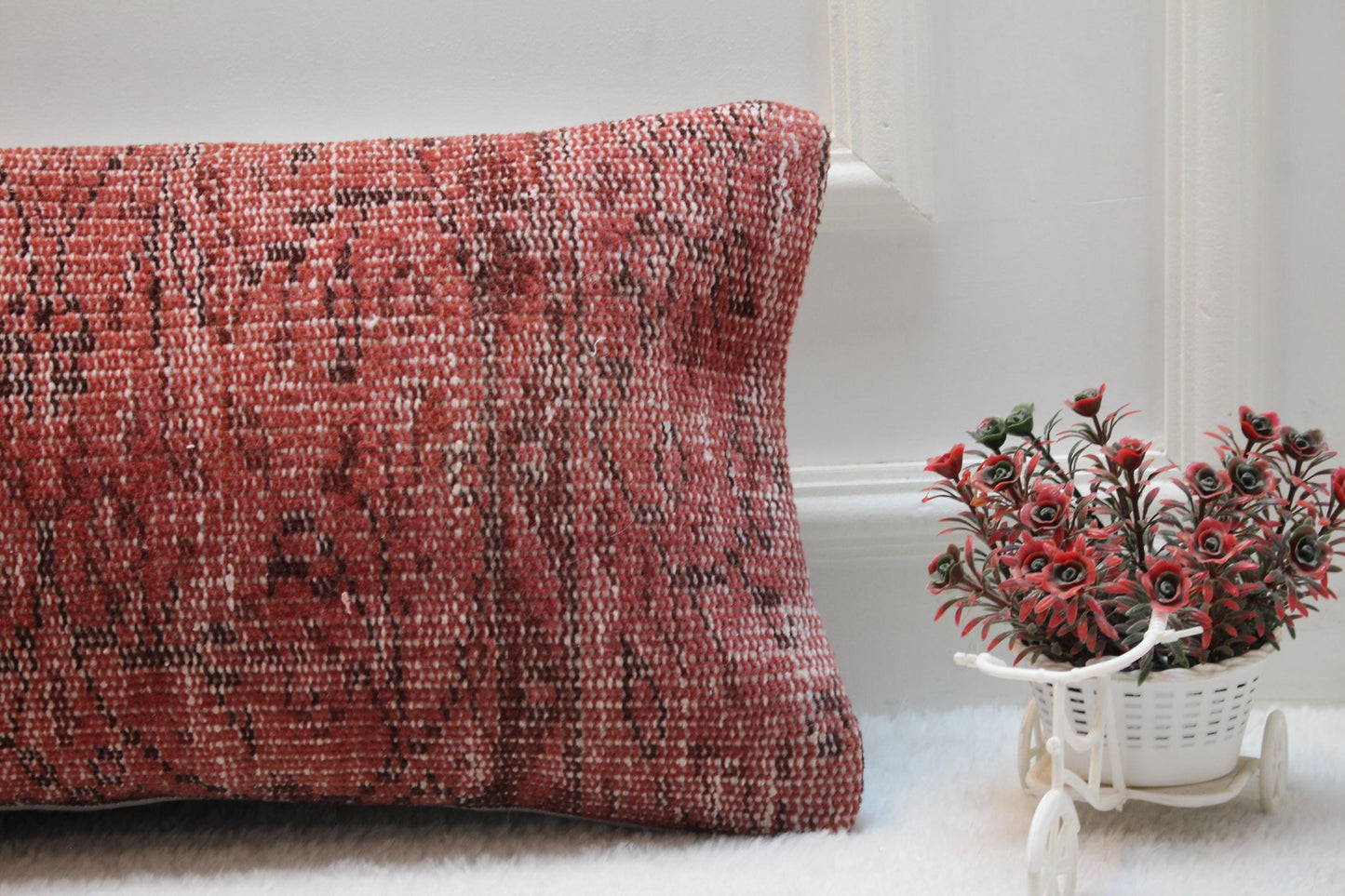 Tribal Lumbar Pillow: Vintage Turkish Rug Cushion, Red Beige Olive (12x36 inch)