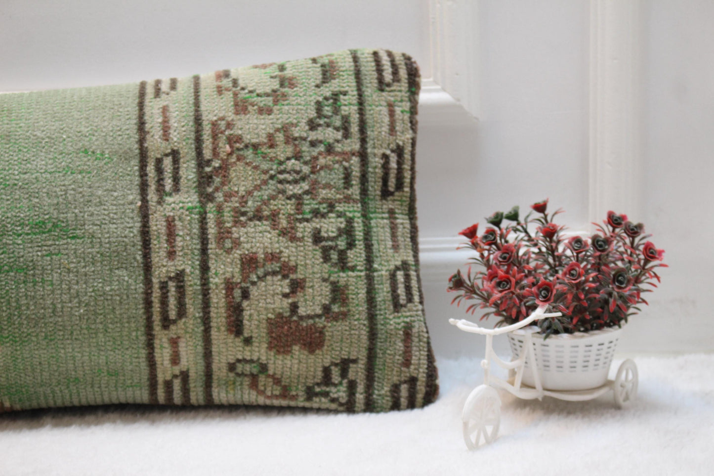 Green Lumbar Pillow Cover: Vintage Turkish Rug Print, Rustic Boho (12x36 inch)